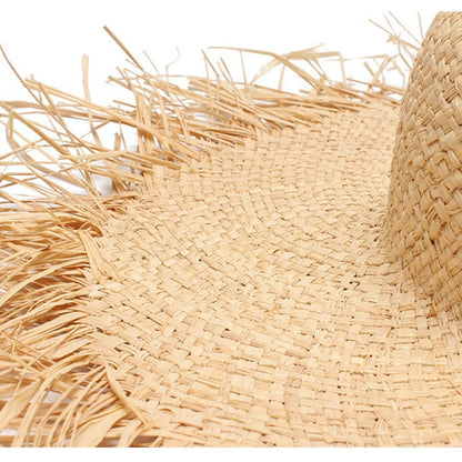 WZCX Feito à Mão Borla Feminina Chapéus de Sol de Palha Aba Larga Grande Chapéu de Palha Natural de Ráfia Panamá Praia Chapéus de Sol Para Feriado