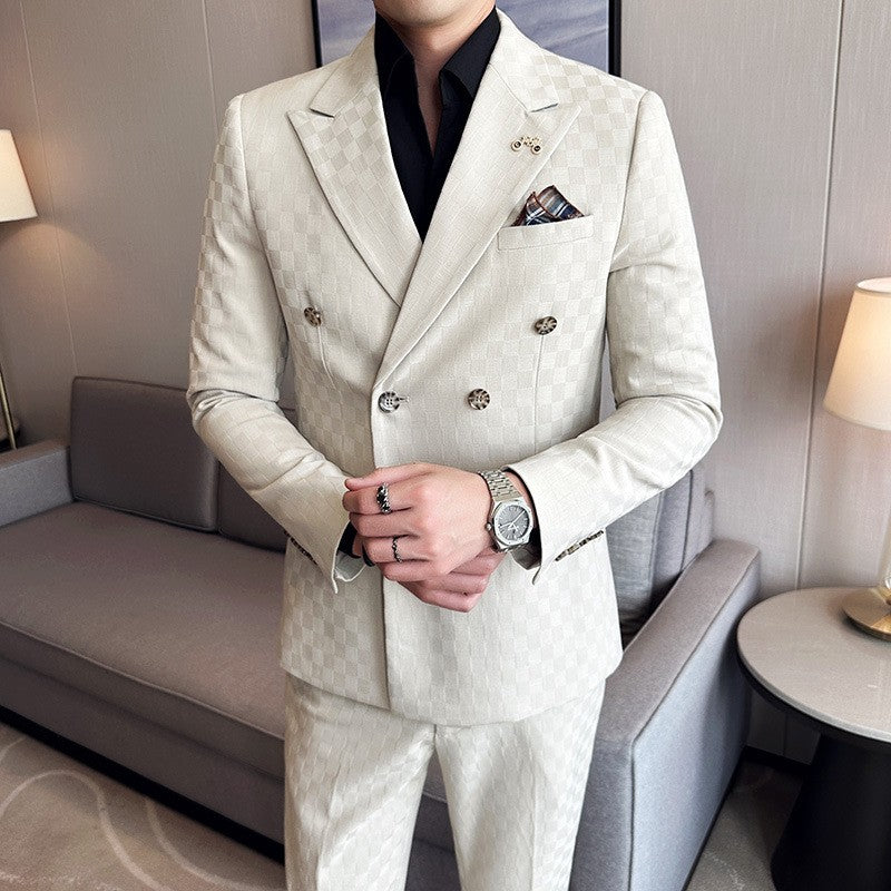(Jacket+Pants)Luxury Checkered Double Breasted Suit  2 Pieces Fashion Business Slim Fit Social   Formal Suit Evening Dress 5XL-M