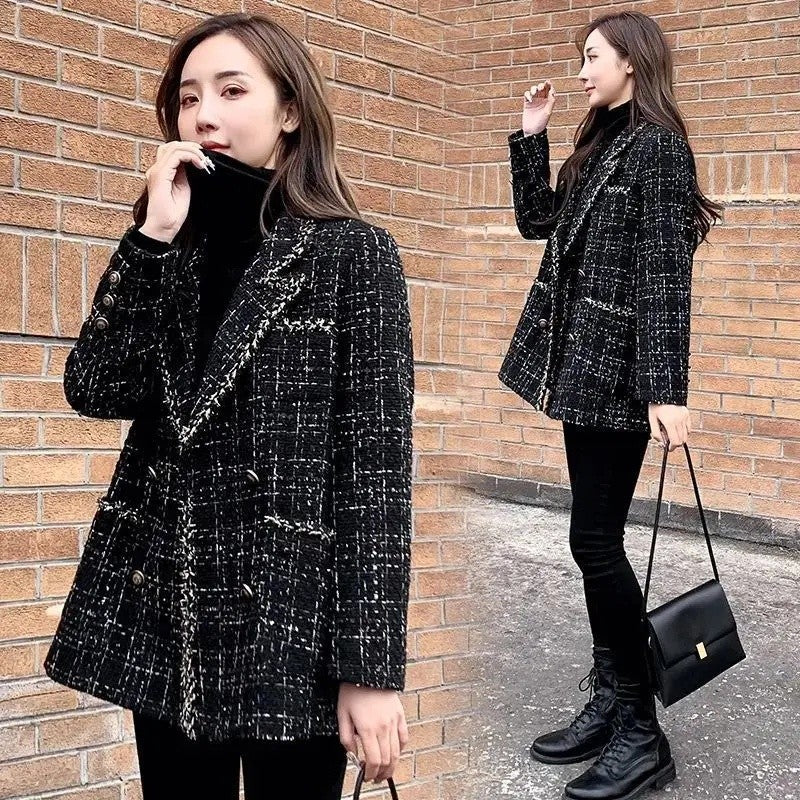 Thickened Cotton Tweed Coat for Women Spring Loose Plaid Outerwear Cozy Style Large Size Patchwork Small Suiting