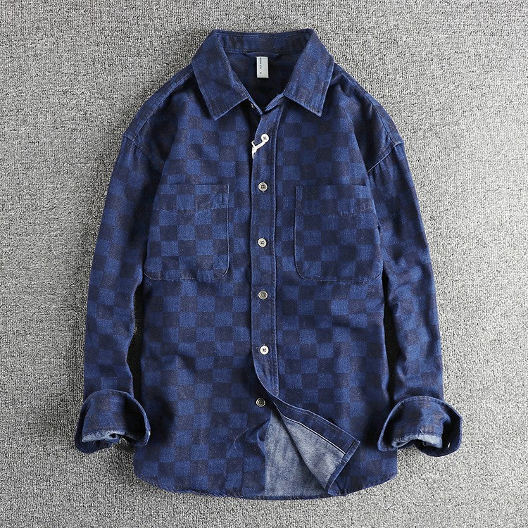 Spring Japanese Retro Long Sleeve Lapel Denim Plaid Cargo Shirts Men's High Street 100% Cotton Washed Loose Casual Thin Jacket