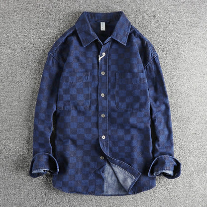 Spring Japanese Retro Long Sleeve Lapel Denim Plaid Cargo Shirts Men's High Street 100% Cotton Washed Loose Casual Thin Jacket