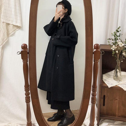 Japanese Style Women Woolen Coat Turn-down Collar Single-breasted Pockets Women Overcoat Front Placket Cardigan Thick Wool Coat