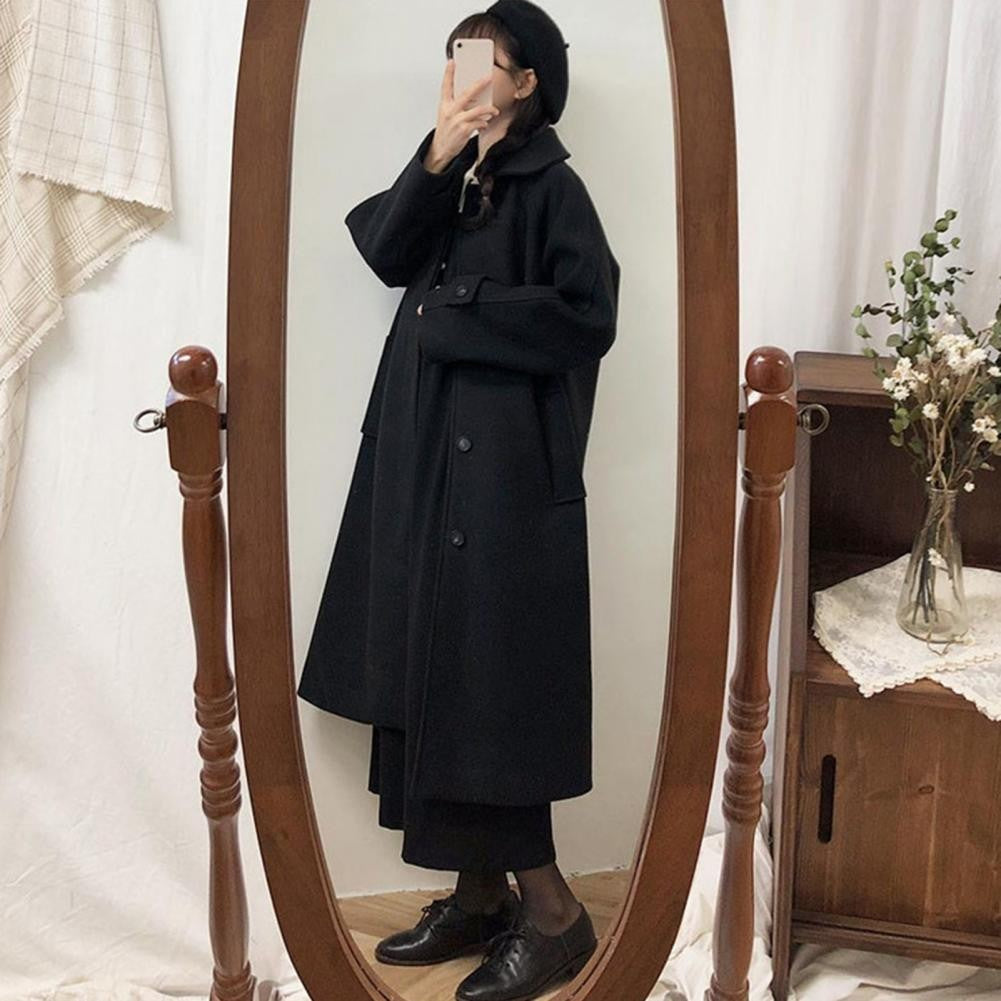 Japanese Style Women Woolen Coat Turn-down Collar Single-breasted Pockets Women Overcoat Front Placket Cardigan Thick Wool Coat