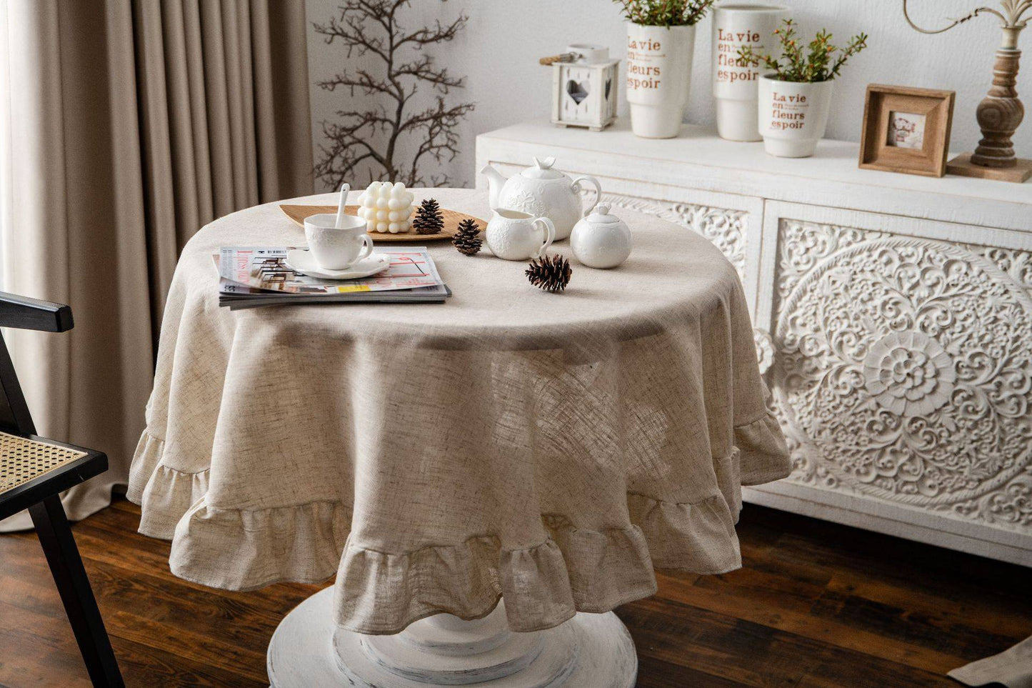 French Round Tablecloth Household Circular Table Cover Linen Cotton Tablecloth with Tassels Home Party Wedding Kitchen Decor