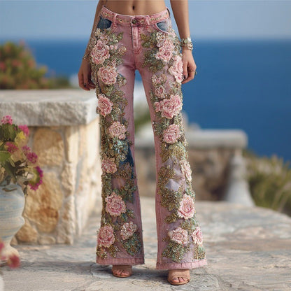 Women's Floral Embroidered High Waist Flared Jeans Vintage Boho Wide Leg Denim Pants for Party and Daily Outfits