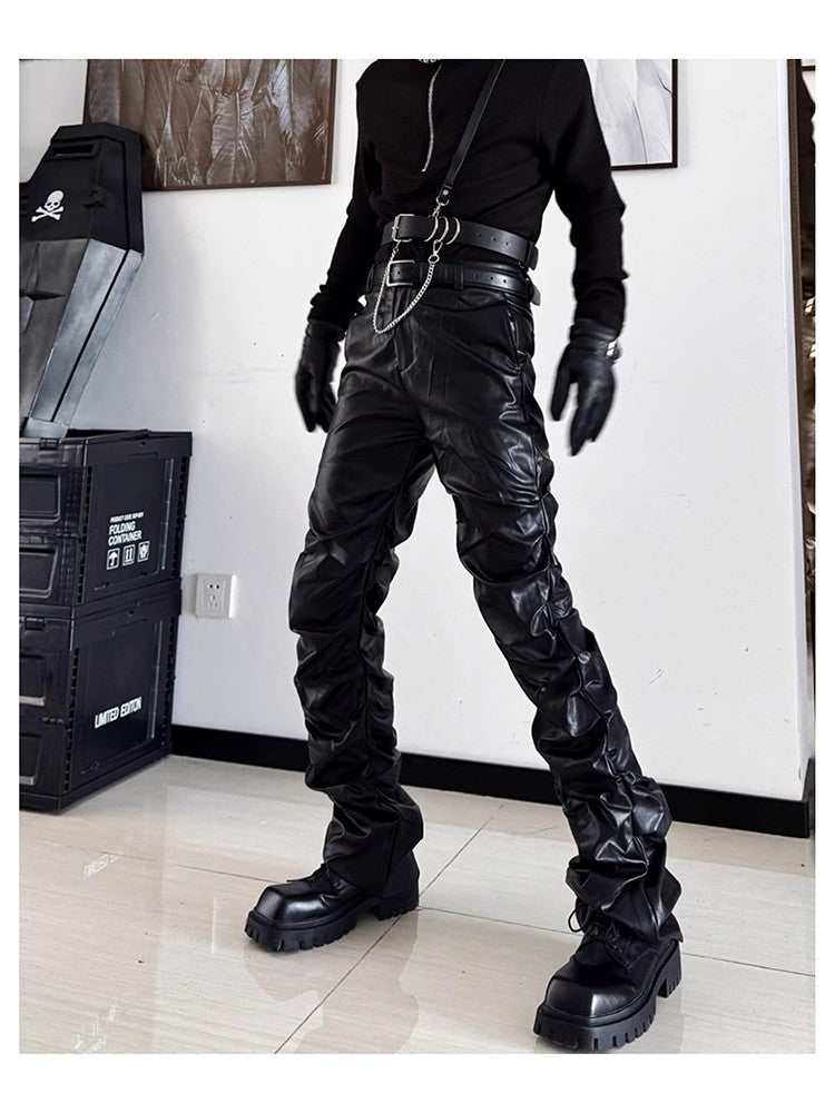 Mauroicardi Spring Autumn Cool Long Ruched Soft Black Pu Leather Stacked Pants for Men Luxury Designer Cyberpunk Rock Clothes
