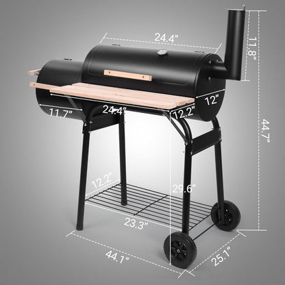 BBQ Charcoal Grill, Outdoor Patio Grill with Offset Smoker, Wheels and Tray for Balcony Picnics, Parties and Camping