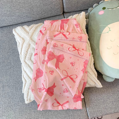 Women's Pajamas Set Bow Print Sleepwear Button Down Tops Long Pajama 2 Piece Suit Pyjama Femme Nightwear Loungewear for Winter