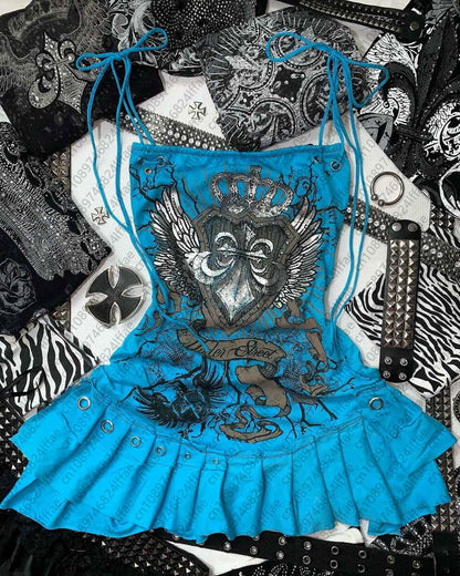 Aesthetic Y2k girl suspenders Top Y2k Clothes blue Gothic bow Slimming Bottom for Women dress Sexy Girls high street character