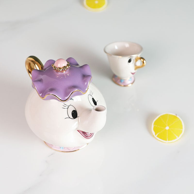 Bule de Chá Bela e a Fera Disney Fofo Desenho Animado Cafeteira Caneca Sra Potts Xícara Zip Bules de Chá Conjunto de Xícaras Decoração de Casa Enfeite Presente