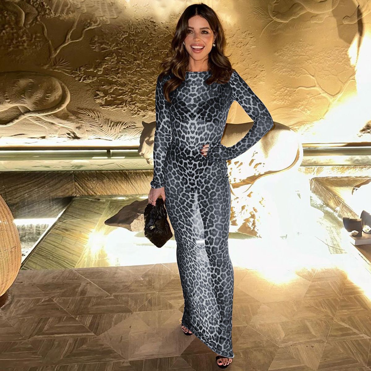 Hugcitar Leopard Print Mesh Long Sleeve Sexy Slim  See Through Maxi Dress Fall W