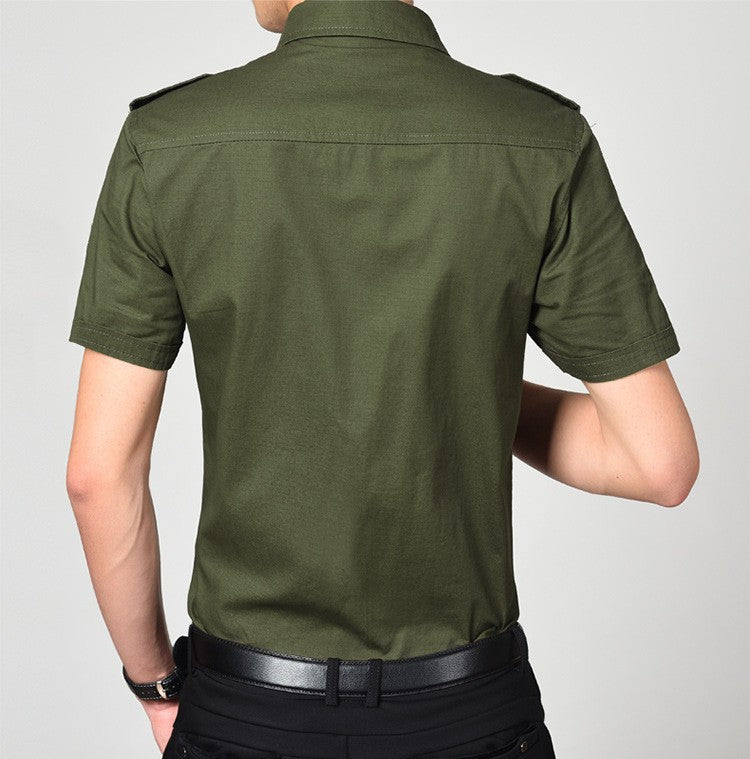 Men Cargo Shirts Summer Military Cotton Short Sleeve Shirts Retro Slim Fit With Pocket Epaulets Half Sleeve Shirts Drop Shipping