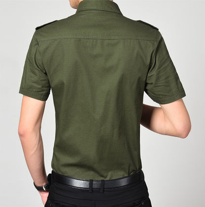 Men Cargo Shirts Summer Military Cotton Short Sleeve Shirts Retro Slim Fit With Pocket Epaulets Half Sleeve Shirts Drop Shipping