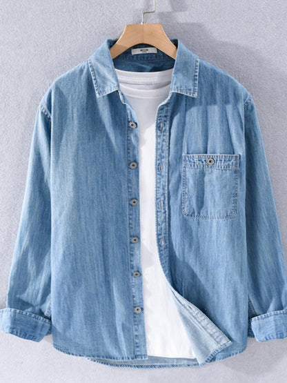 Spring Japanese Sle Loose Casual Long Sve Men's Denim irt Vintage Simple Outerwear Youth Faion Stand Fit Button up