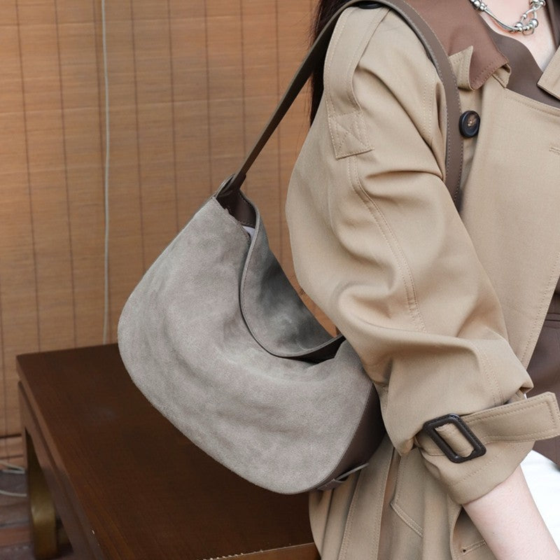 Burminsa Suede Genuine Leather Hobo Shoulder Bags For Women 2025 Luxury Designer Crescent Crossbody Purses Work Ladies Handbags