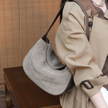Burminsa Suede Genuine Leather Hobo Shoulder Bags For Women 2025 Luxury Designer Crescent Crossbody Purses Work Ladies Handbags