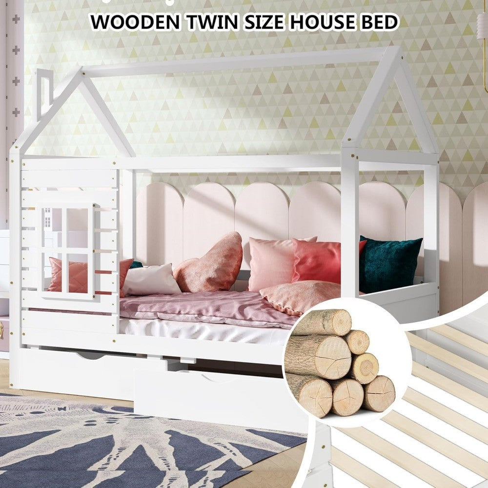 Cama Infantil Aoowow com Cama de Casa de Tamanho de Solteiro e 2 Gavetas, Estrutura de Cama de Madeira de Solteiro com Janela e Telhado para Quarto, Cama Infantil de Tamanho de Solteiro Moderna Pla