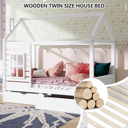 Cama Infantil Aoowow com Cama de Casa de Tamanho de Solteiro e 2 Gavetas, Estrutura de Cama de Madeira de Solteiro com Janela e Telhado para Quarto, Cama Infantil de Tamanho de Solteiro Moderna Pla