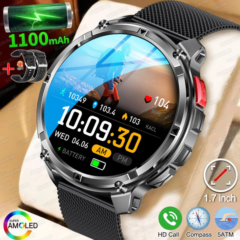 Relógio Inteligente Militar com Bússola GPS Masculino Bateria 1100mAh Lanterna Frequência Cardíaca 100+ Modos Esportivos Chamada Bluetooth Smartwatch à Prova d'Água