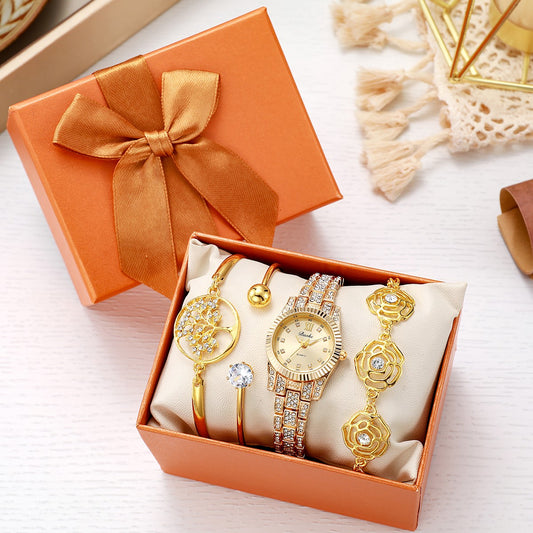 Light Luxury Golden Diamond-encrusted Quartz Watch Set Rose Tree of Life Jewelry Bracelet Daily All-match Gift Box