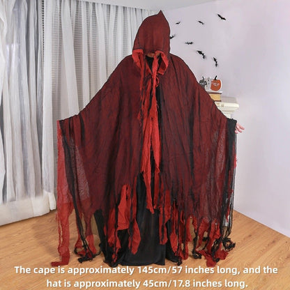Horror Grim Reaper Cosplay Set Fringed Worn Hooded Cloak Disassemble Skull Scythe Prop For Halloween Party Dress Up