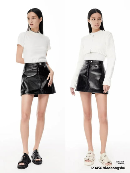 Trendy Luxury French Cou Logo Silhouette PU Leather Jacket Black Wine Red Short Coat Half Skirt Set Women's Fashion Outerwear