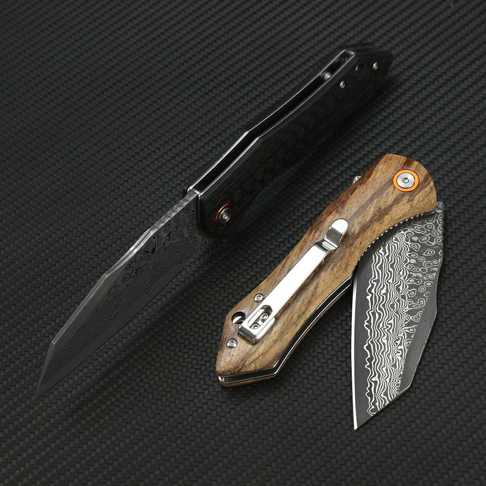 Faca Dobrável Tunafire Damasco Cabo de Madeira Zebra/fibra de carbono G10 Faca de Bolso Tanto EDC Tática Caça Sobrevivência Ferramentas Manuais