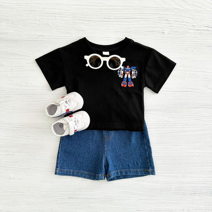 2025 Summer New Baby Clothes Infant Robot Embroidery Top+Bottom Set Baby Boys Girls Casual Baby Set Newborn Baby Clothes 2Pcs