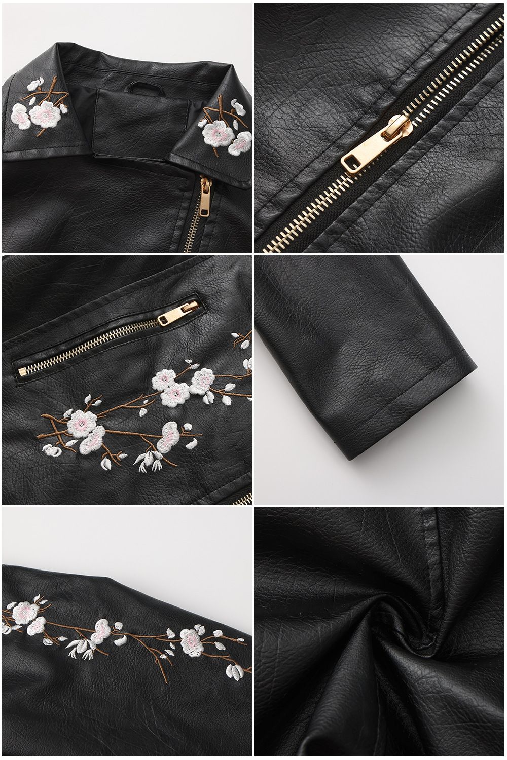 New Fall Women's Black Embroidered PU Jacket, Street-Style Brown Faux Leather Coat, Fashionable Beige Long Sleeves Top.