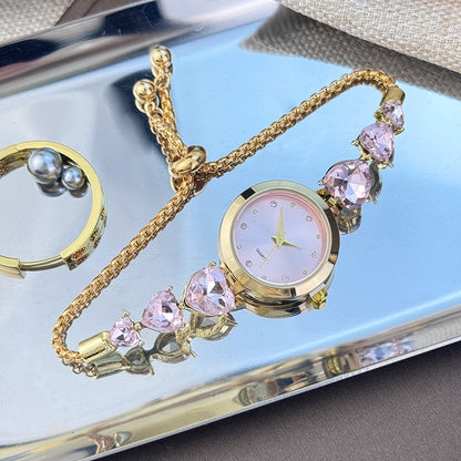 Ladies' quartz watch with three heart-shaped diamond-encrusted bracelet round alloy case and mixed scale simple light luxury