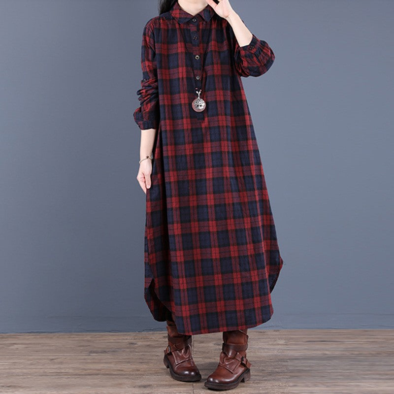 Spring And Autumn New Women's Fashion Loose Splicing Plaid Collar Button Long Sleeve Dress Medium Length Shirt Maxi Dresses 2026