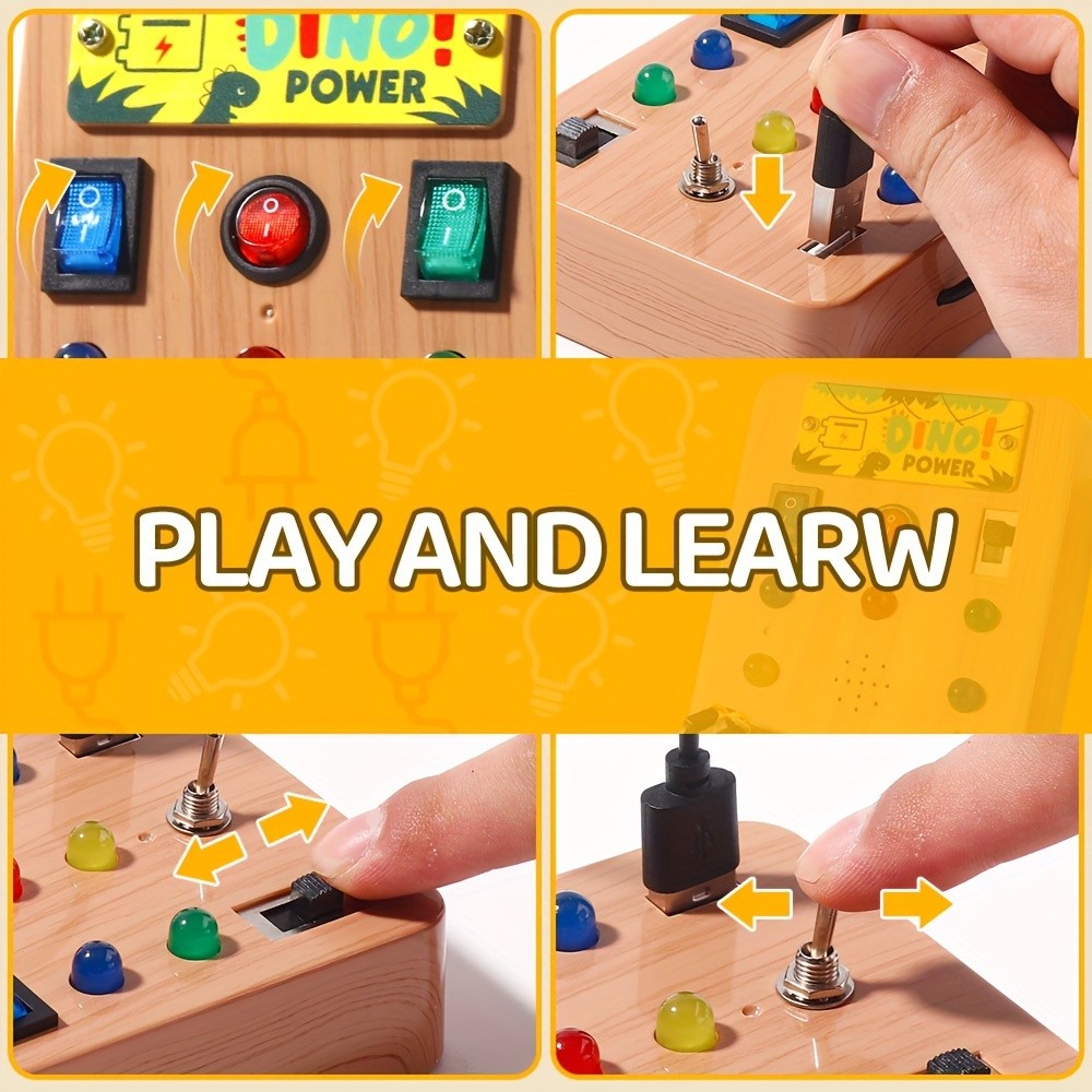Dinosaur Switch Busy Board Toy Set for Toddlers 18M+ with 6 LED Lights, Dino-Themed ABS Early Education Puzzle for Color & Shape