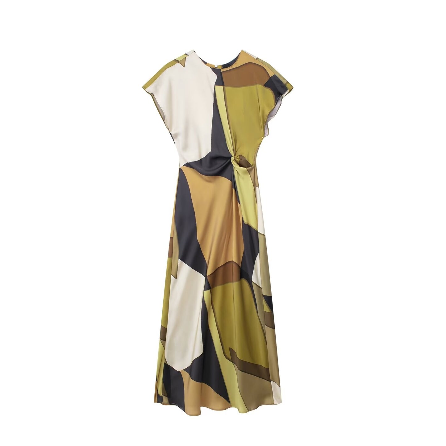 2025 RARA Spring New Women's Round Neck Waist Silk Satin Texture Printed Midi Dr