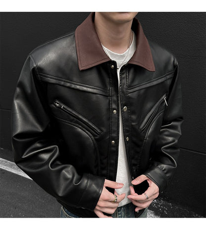 Mens Leather Jacket Biker Jacket PU Leather 2025 New Windproof Stand Collar Single Breasted Short Coat Slim Fit Mens Jacket