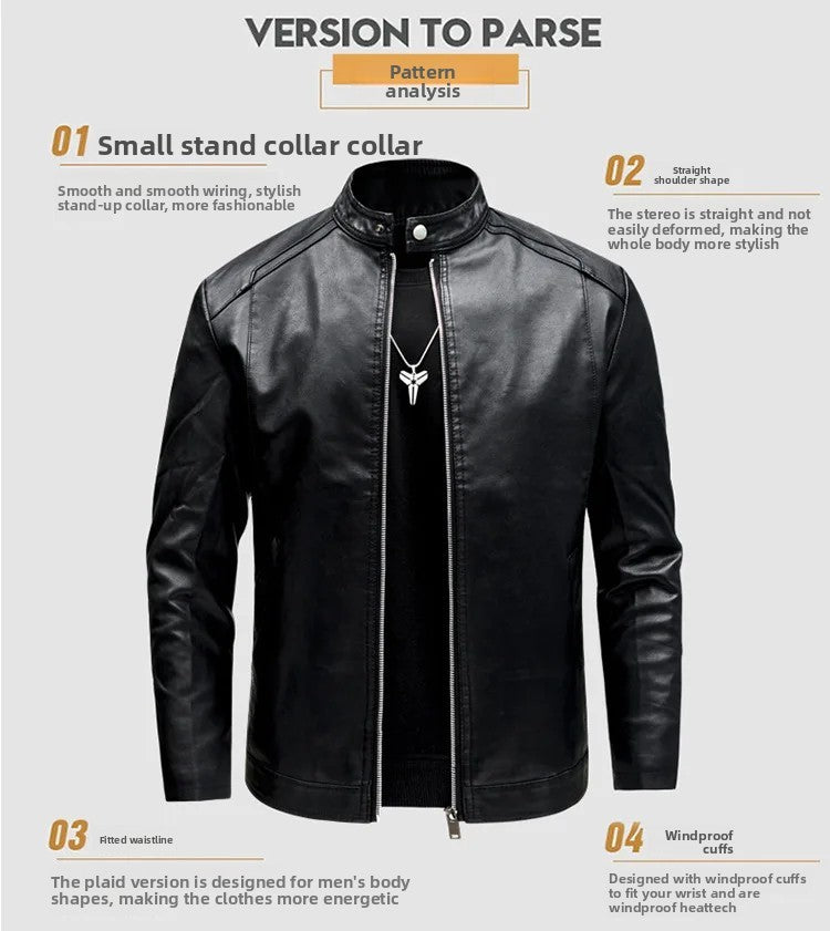 Men's Biker Leather Jacket Autumn Winter Thickened Fleece Casual Versatile Slim Fit Large Size PU Leather Coat