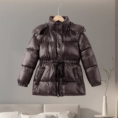 Glossy Shiny Women 's Down Jackets Vintage Hooded Zipper Puffer Full Sleeve Jackets For Woman 2025 Woman Winter Coats Outwears