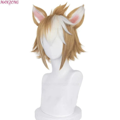 Gorou Cosplay Wig Game Genshin Impact Gorou Short Brown White Wig with Ears Synthetic Hair Heat Resistant Halloween Role Play