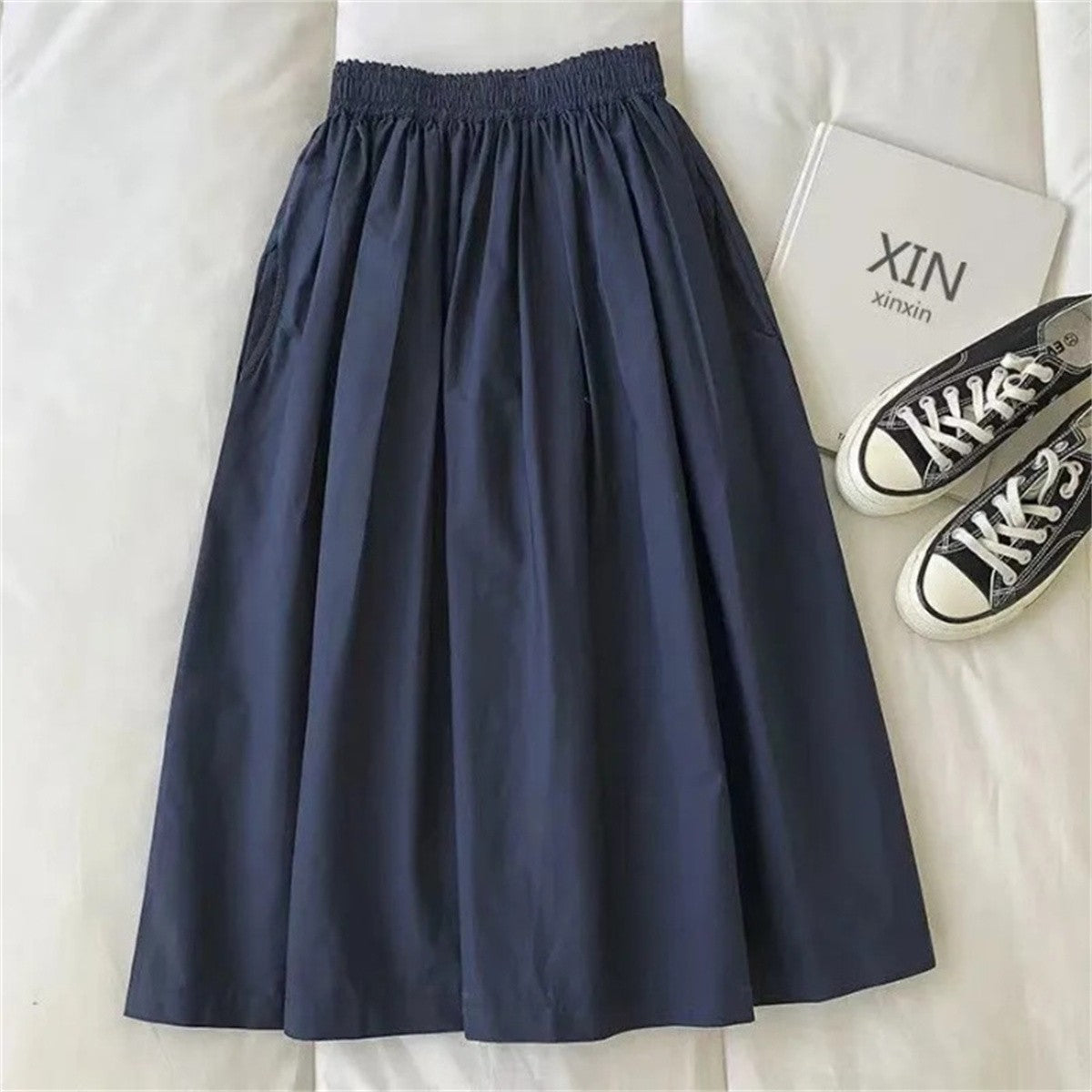 Women Solid Long Skirt Fashion Pockets Pleated Knee Length Skirts Autumn 2025 New Casual Elegant High Waist A Line Femme Skirts