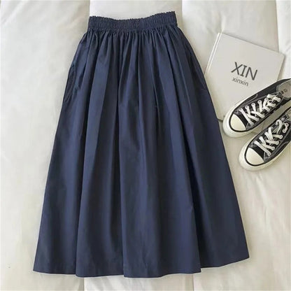Women Solid Long Skirt Fashion Pockets Pleated Knee Length Skirts Autumn 2025 New Casual Elegant High Waist A Line Femme Skirts