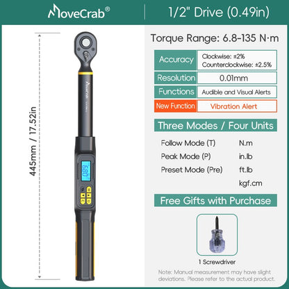 Chave de Torque Digital MOVECRAB 1.5-340 N.m com Valores Predefinidos, Precisão de 2%, Buzzer e Notificação por Flash LED