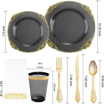 175pcs Clear Black Plastic Plates with Gold Accents Premium Disposable Dinnerware Set for 25 Guests Featuring 50 Plates 75 Gold