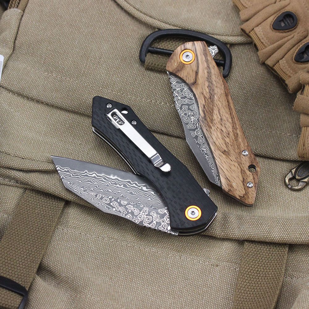 Damascus Pattern Folding Knife Wood Handle Portable Outdoor Self-defense Pocket knife High Hardness EDC Camping Kitchen Knives