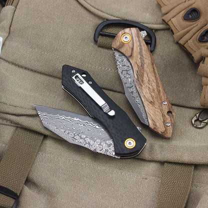 Damascus Pattern Folding Knife Wood Handle Portable Outdoor Self-defense Pocket knife High Hardness EDC Camping Kitchen Knives
