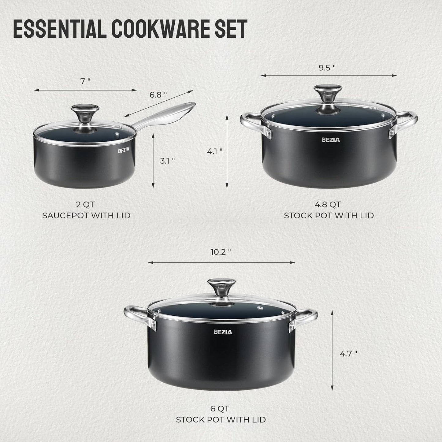 Conjunto de Panelas de Indução 6 Peças, Conjunto de Panelas Empilháveis para Cozinha, Panelas de 5.7L 4.5L e 1.9L com Tampas, Laváveis em Lava-louças e Seguras para Forno,