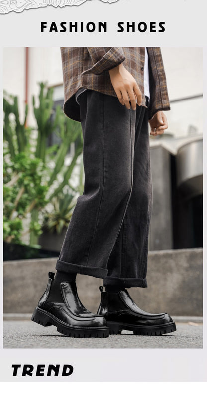 New designer black fashionable men's leather shoes for autumn and winter, retro ankle boots, round-toe business Chelsea boots