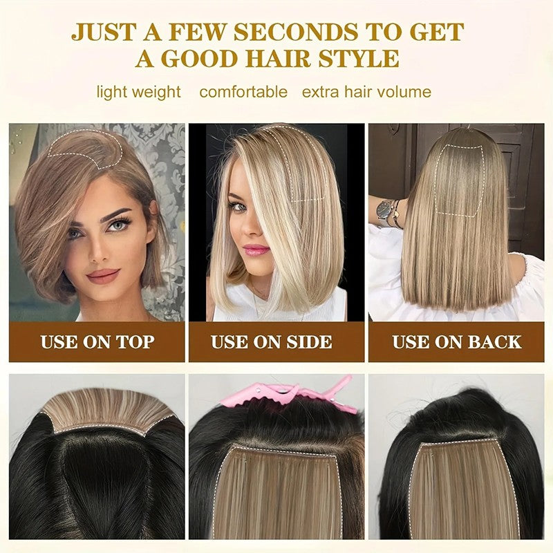 2 Peças Aplique de Cabelo Sintético com Presilha, Tic-Tac, Peça Única Sem Emendas, Almofada Artificial de Cabelo, Extensões de Cabelo Natural Falso para Mulheres