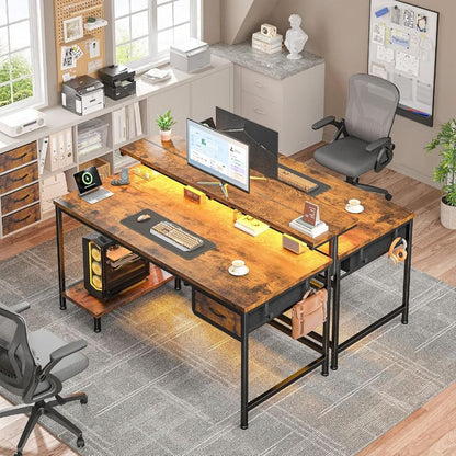 Mesa de Escritório de 99,8 cm com Tomada Embutida e Gaveta para Pequenos Espaços, Mesa Gamer com Suporte de CPU e Luzes LED Ergonômica