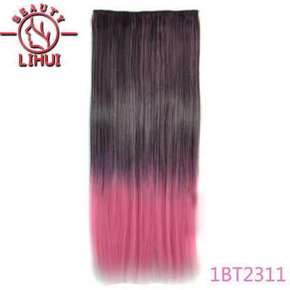 Extensões de cabelo sintéticas com clipe, longas e lisas, com 5 clipes em uma única peça, extensões de cabelo multicoloridas LIHUI