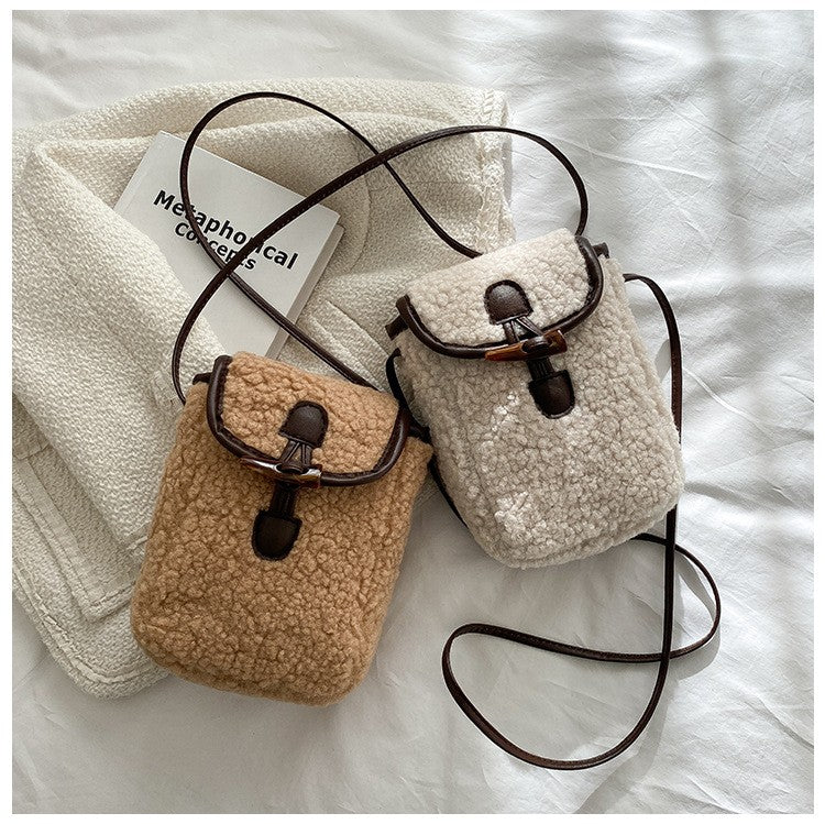 Fashion Winter Lambswool Phone Bag Sweet Lovely Portable Women Wallets Square Purse Faux Fur Plush Shoulder Bags Purses Handbags