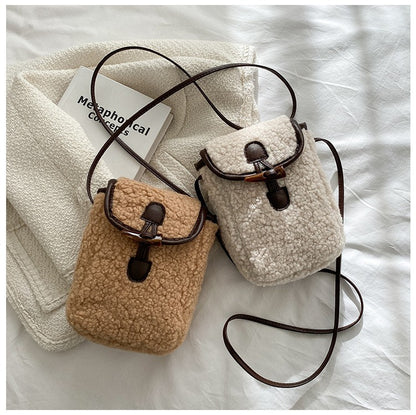 Fashion Winter Lambswool Phone Bag Sweet Lovely Portable Women Wallets Square Purse Faux Fur Plush Shoulder Bags Purses Handbags